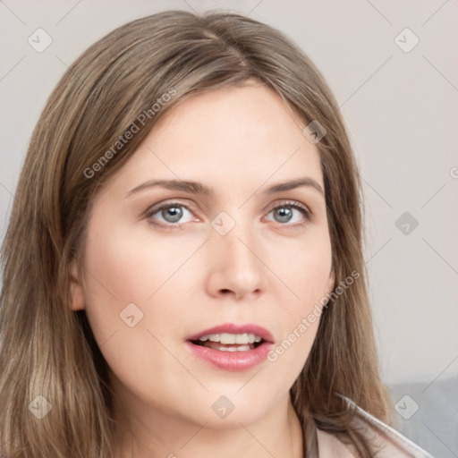 Neutral white young-adult female with medium  brown hair and grey eyes