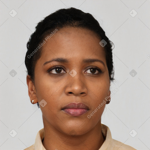 Neutral black young-adult female with short  black hair and brown eyes