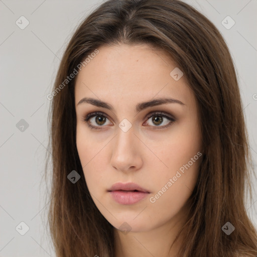 Neutral white young-adult female with long  brown hair and brown eyes