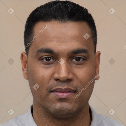 Neutral latino young-adult male with short  black hair and brown eyes
