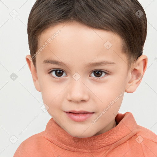 Joyful white child female with short  brown hair and brown eyes