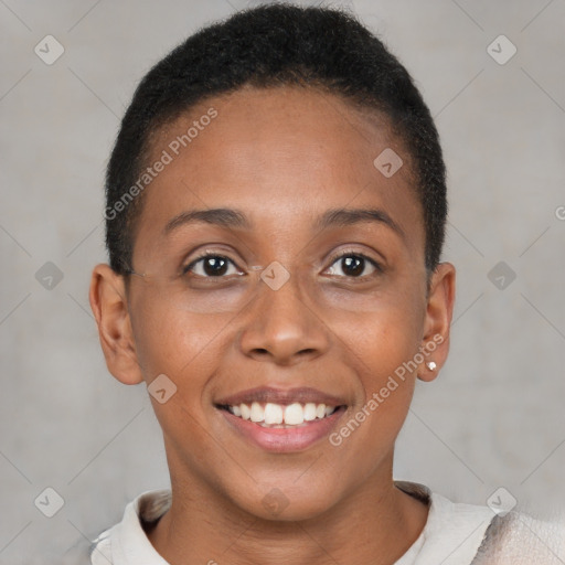 Joyful black young-adult female with short  brown hair and brown eyes