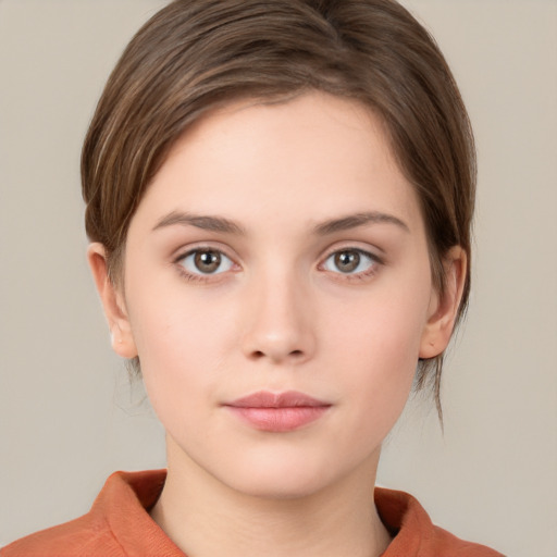 Neutral white young-adult female with medium  brown hair and brown eyes