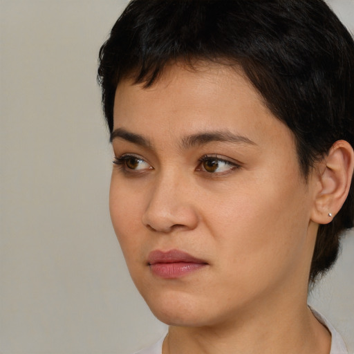 Neutral asian young-adult female with short  brown hair and brown eyes