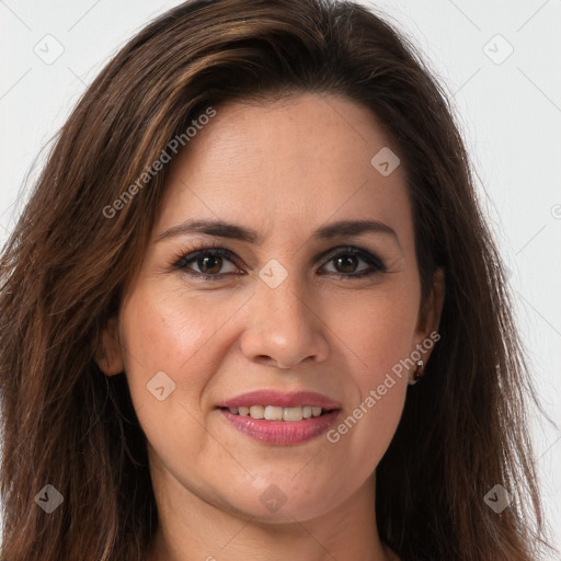 Joyful white young-adult female with long  brown hair and green eyes