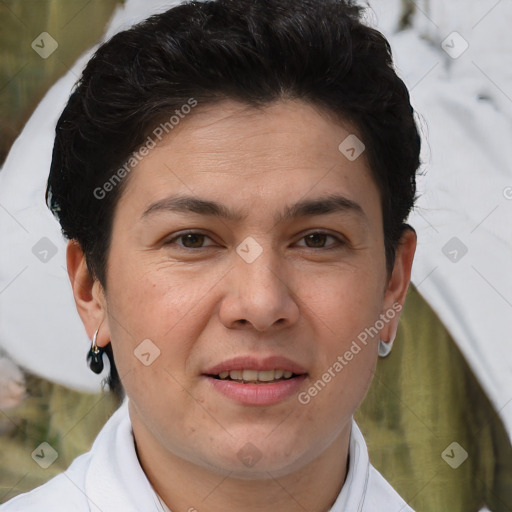 Joyful white adult female with short  brown hair and brown eyes