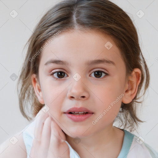 Neutral white child female with medium  brown hair and blue eyes