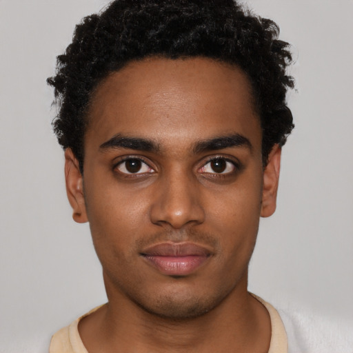 Neutral black young-adult male with short  black hair and brown eyes