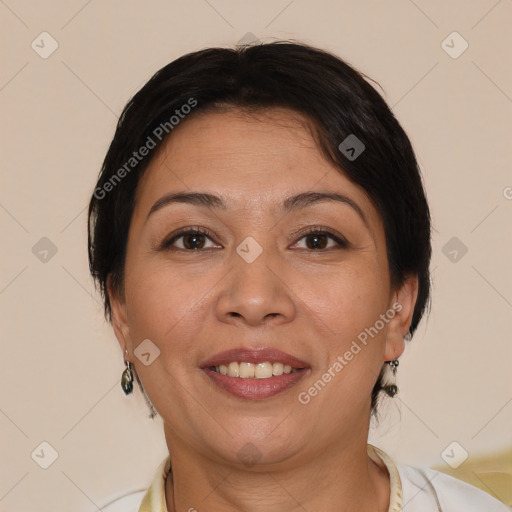 Joyful white adult female with short  brown hair and brown eyes