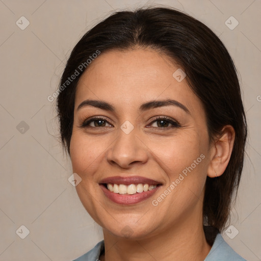 Joyful white young-adult female with medium  brown hair and brown eyes