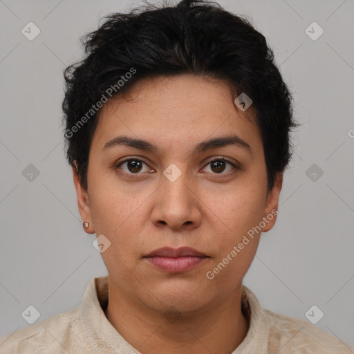 Neutral white young-adult female with short  brown hair and brown eyes