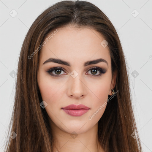 Neutral white young-adult female with long  brown hair and brown eyes