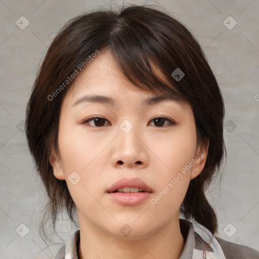 Neutral asian young-adult female with medium  brown hair and brown eyes