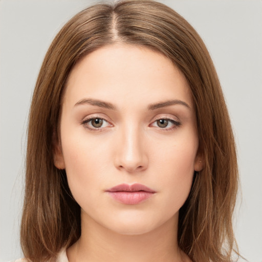 Neutral white young-adult female with medium  brown hair and brown eyes