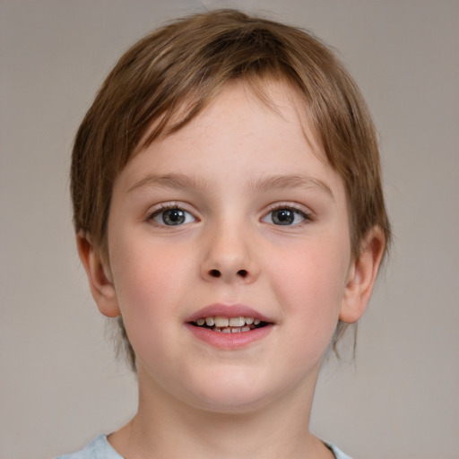 Joyful white child female with medium  brown hair and brown eyes