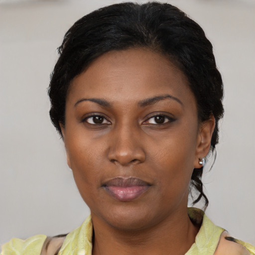 Neutral latino young-adult female with short  black hair and brown eyes