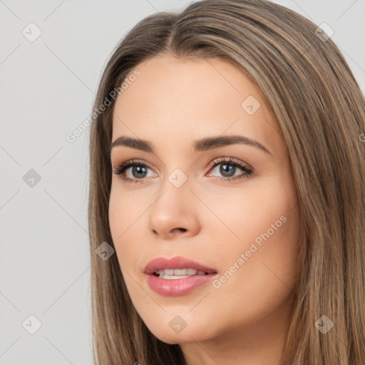 Neutral white young-adult female with long  brown hair and brown eyes