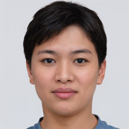 Neutral asian young-adult female with short  brown hair and brown eyes