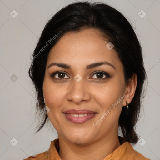 Joyful latino young-adult female with medium  brown hair and brown eyes