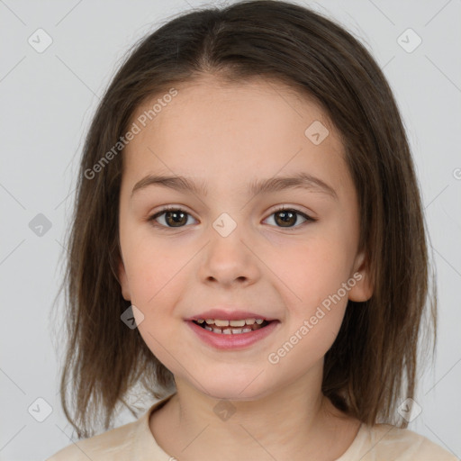 Joyful white child female with medium  brown hair and brown eyes