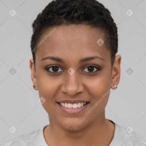 Joyful black young-adult female with short  brown hair and brown eyes