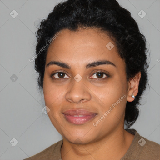 Joyful latino young-adult female with medium  black hair and brown eyes