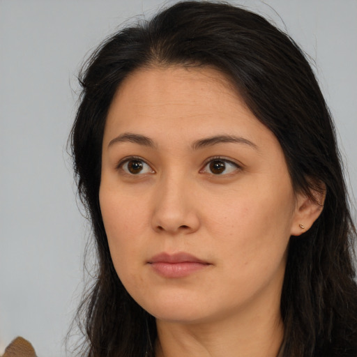 Neutral asian young-adult female with long  brown hair and brown eyes