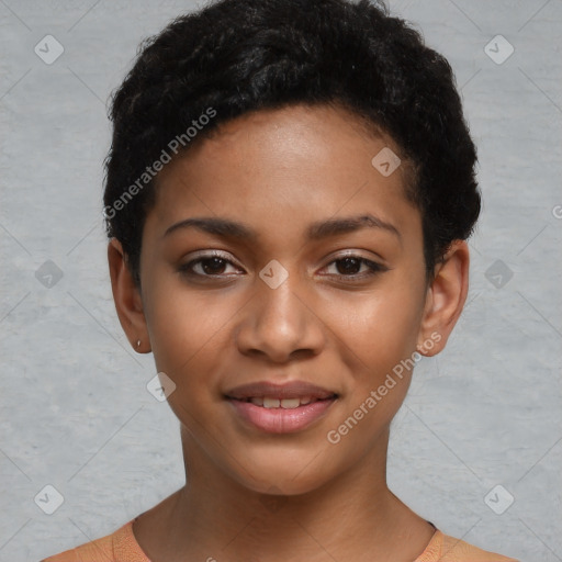 Joyful latino young-adult female with short  black hair and brown eyes