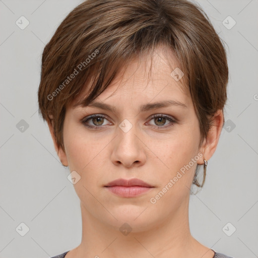 Neutral white young-adult female with medium  brown hair and brown eyes