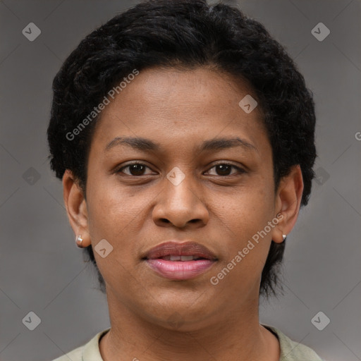 Joyful black young-adult female with short  brown hair and brown eyes