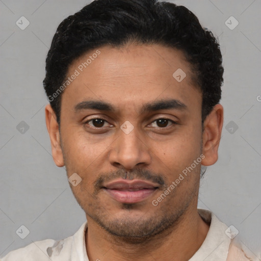 Neutral latino young-adult male with short  black hair and brown eyes