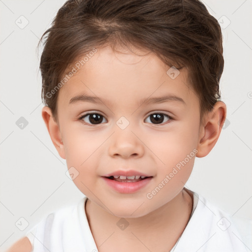 Joyful white child male with short  brown hair and brown eyes