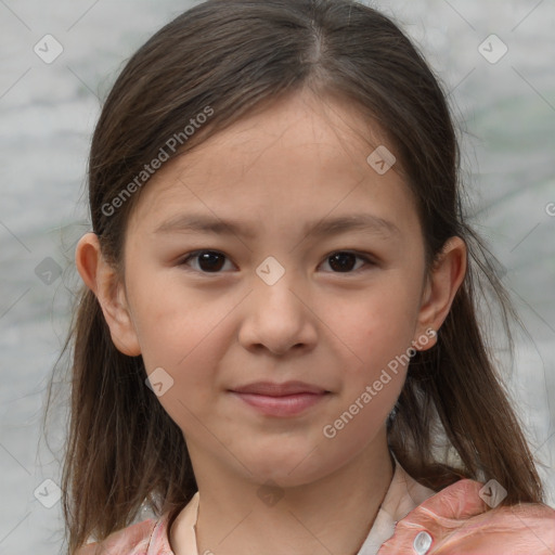 Joyful white child female with medium  brown hair and brown eyes