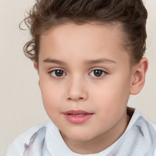 Joyful white child female with short  brown hair and brown eyes