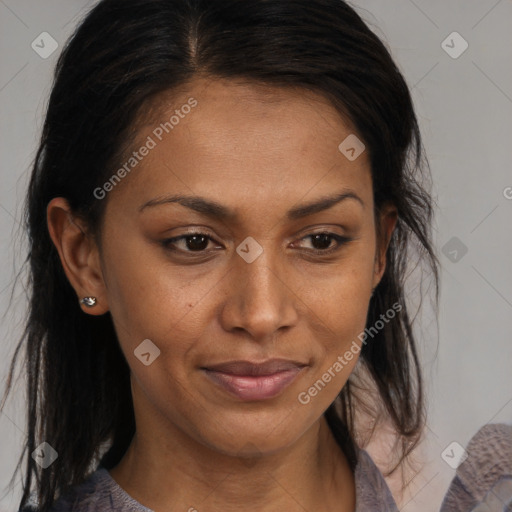 Joyful black young-adult female with medium  brown hair and brown eyes