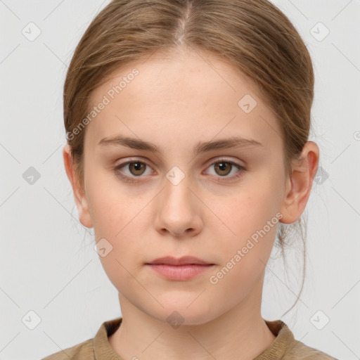 Neutral white young-adult female with medium  brown hair and grey eyes