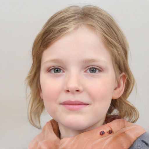 Neutral white child female with medium  brown hair and blue eyes