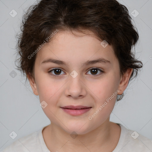 Joyful white child female with medium  brown hair and brown eyes