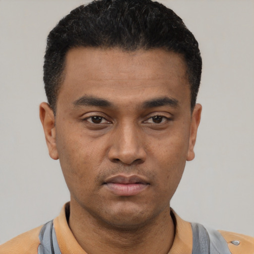 Neutral black young-adult male with short  black hair and brown eyes