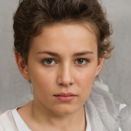 Neutral white young-adult female with short  brown hair and brown eyes