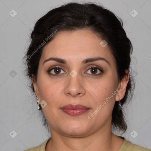 Joyful white adult female with medium  brown hair and brown eyes