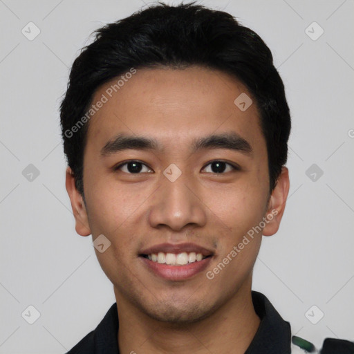 Joyful asian young-adult male with short  black hair and brown eyes