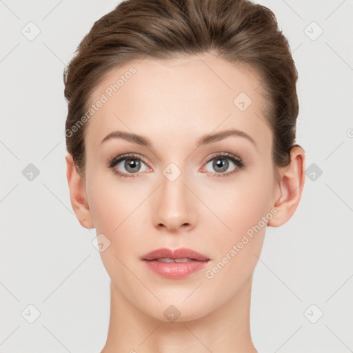 Neutral white young-adult female with short  brown hair and brown eyes