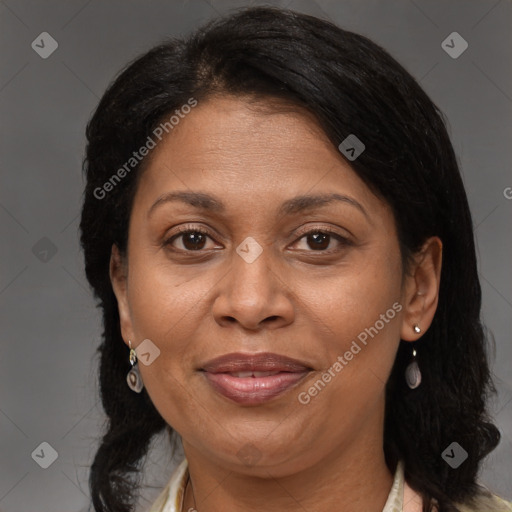 Joyful asian adult female with medium  brown hair and brown eyes