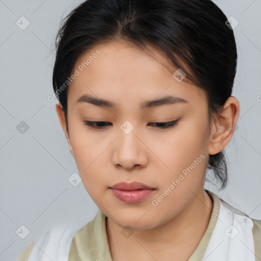 Neutral asian young-adult female with medium  brown hair and brown eyes