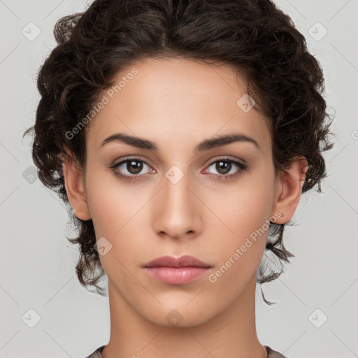 Neutral white young-adult female with medium  brown hair and brown eyes