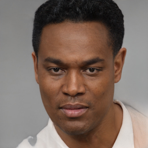 Neutral black young-adult male with short  black hair and brown eyes