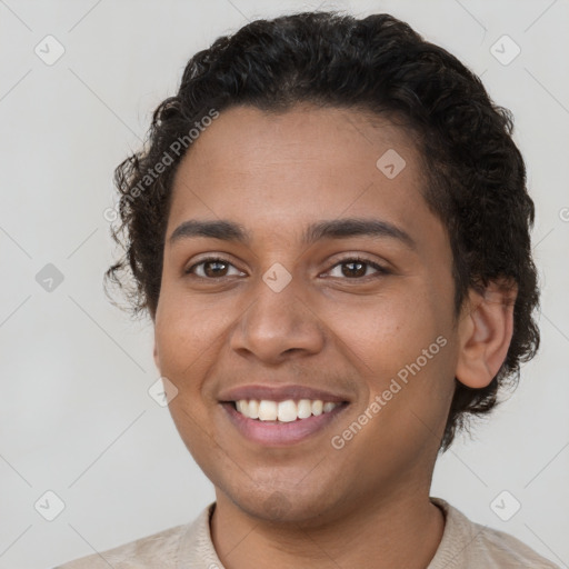 Joyful latino young-adult female with short  brown hair and brown eyes