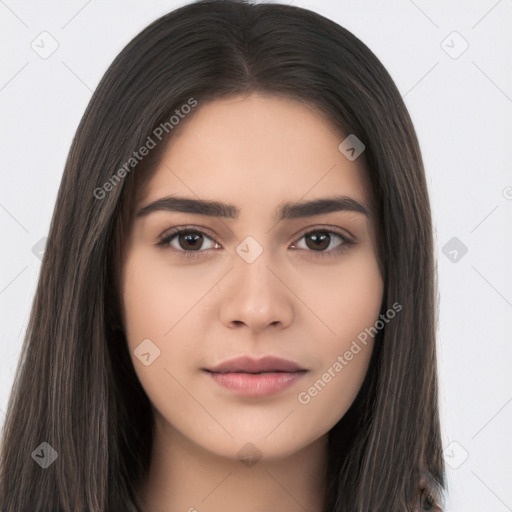 Neutral white young-adult female with long  brown hair and brown eyes