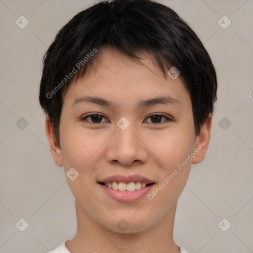 Joyful asian young-adult female with short  brown hair and brown eyes